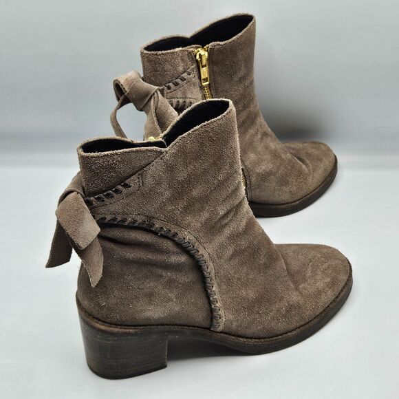 UGG Fraise Whipstitch Suede Ankle Boots Taupe Bow Back Block Heel Booties Size 8 - Picture 4 of 7